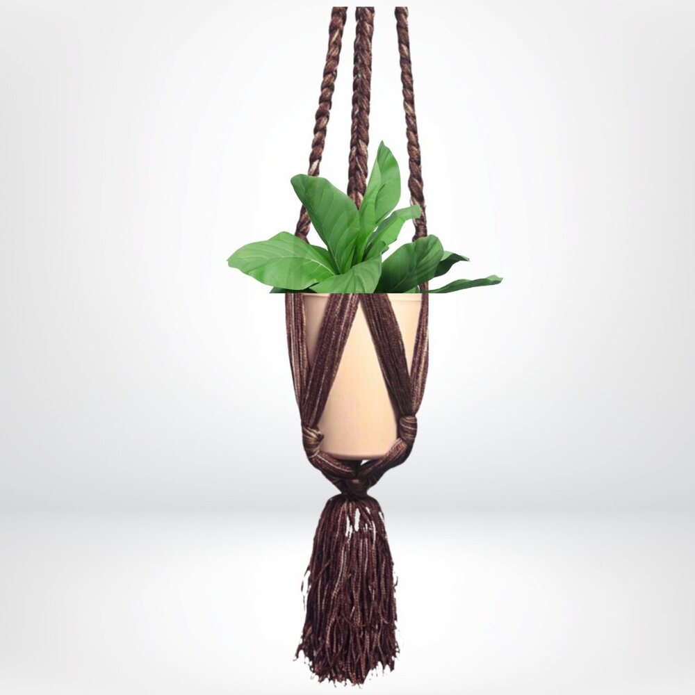 70s Long Plant Holder Brown/Tan Yarn Macrame - Bohemian Home Decor - OOAK
